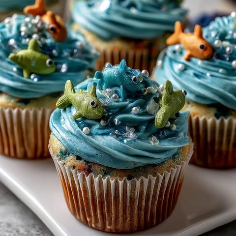 Adorable vanilla cupcakes with fondant fish toppers, perfect for Pisces-themed parties and birthdays.