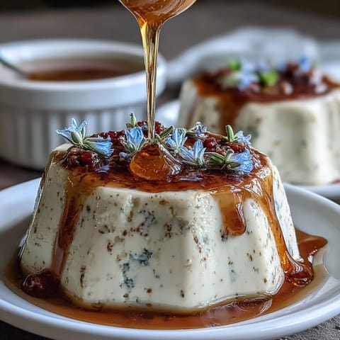 Delicate honey lavender panna cotta with a silky texture, garnished with edible flowers and a drizzle of golden honey.