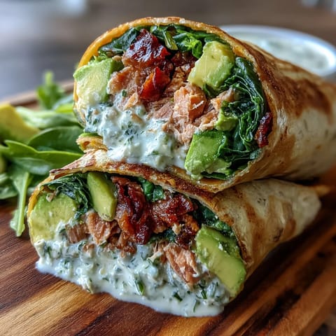 Healthy avocado tuna wraps filled with spinach and creamy avocado, perfect for a quick lunch or light dinner.  