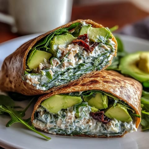 Fresh whole wheat wraps stuffed with tuna, avocado, and baby spinach for a nutritious, protein-rich meal on the go.  