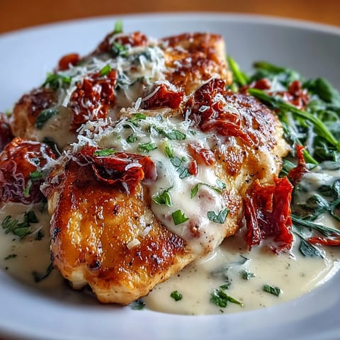 Creamy Tuscan Chicken with Sun-Dried Tomatoes in a rich, garlicky cream sauce with spinach and basil.