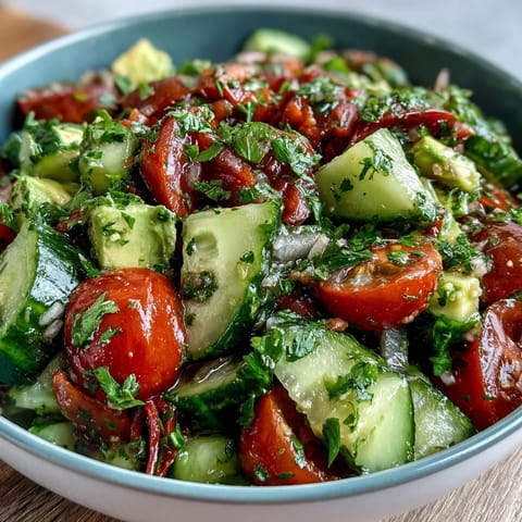 Vibrant cucumber tomato avocado salad with lemon dressing, showcasing fresh vegetables in a creamy, zesty bowl.