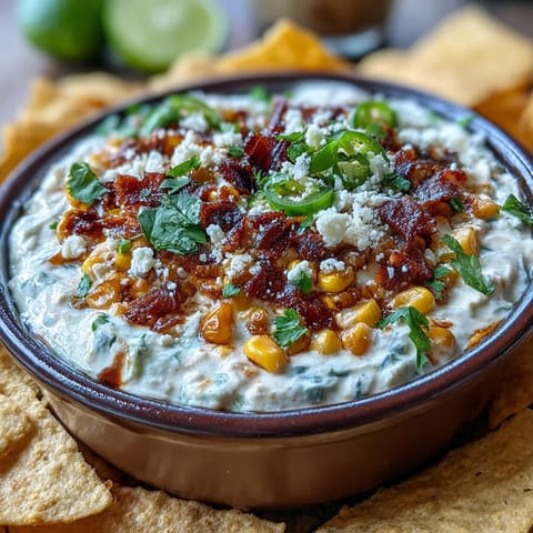 Creamy Elote Dip with charred corn, cotija cheese, and lime, served with crispy tortilla chips for a zesty appetizer.