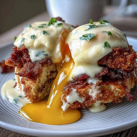 Classic Eggs Benedict with golden poached eggs and silky hollandaise sauce on toasted English muffins, garnished with fresh chives.