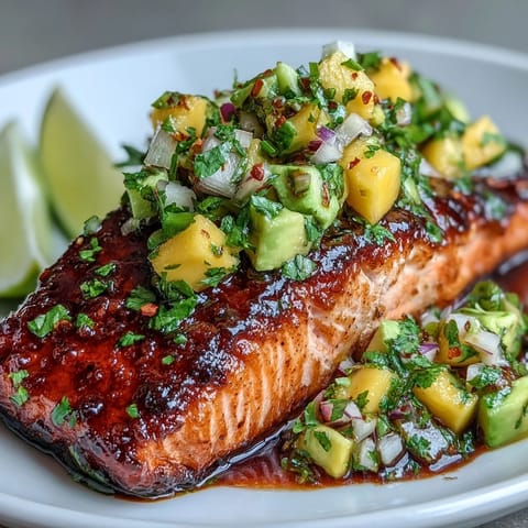 Baked salmon topped with vibrant mango avocado salsa for a refreshing summer dinner.  