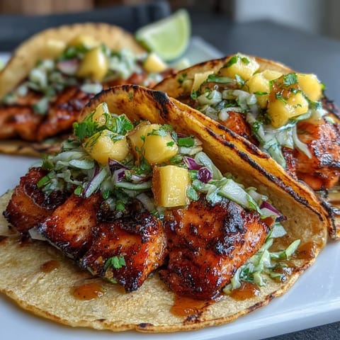 Delicious grilled salmon tacos topped with zesty mango salsa and crisp cabbage.  