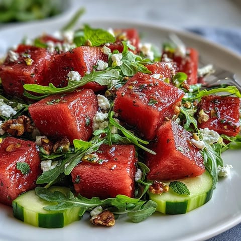 Vibrant Watermelon and Arugula Salad with creamy feta, fresh mint, and a zesty lime dressing, perfect for summer gatherings.