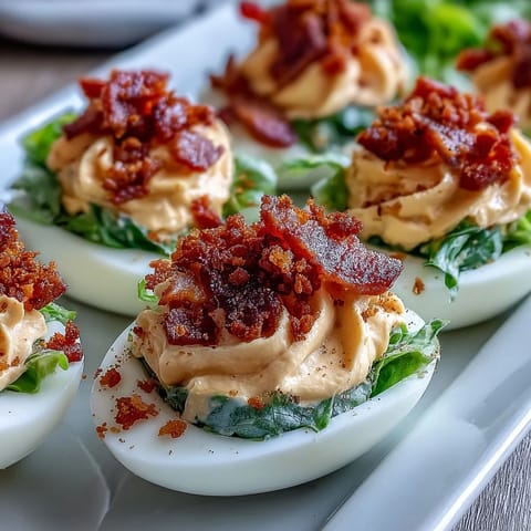 Creamy BLT Deviled Eggs with Bacon Crumbles: Tangy deviled eggs garnished with crispy bacon, diced tomatoes, and shredded romaine lettuce.