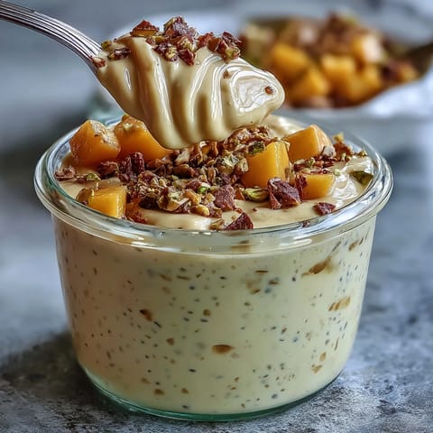 Creamy mango lassi overnight oats with fresh mango, yogurt, and cardamom for a tropical breakfast treat.