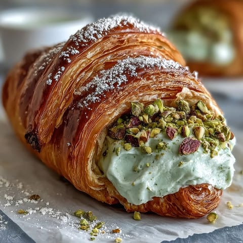 A golden croissant filled with rich pistachio cream, topped with chopped nuts and powdered sugar for a luxurious brunch treat.  