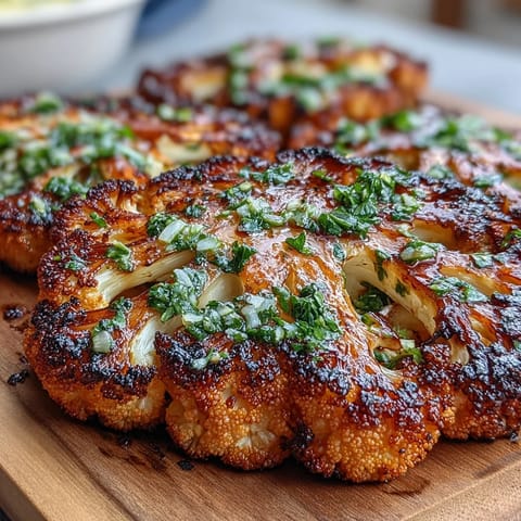 Charred cauliflower steaks served with zesty chimichurri, perfect for a flavorful plant-based barbecue centerpiece.