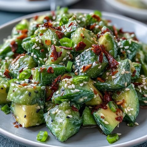 Creamy avocado and crisp smashed cucumbers tossed in a nutty sesame dressing for a refreshing, vegan-friendly salad.
