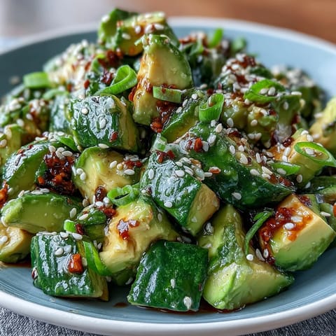 A vibrant, smashed cucumber and avocado salad with sesame dressing, garnished with fresh herbs and sesame seeds.