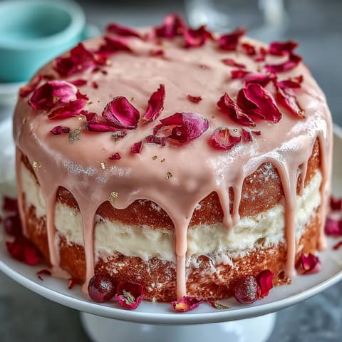 Bridal Shower Rosé Velvet Cake with Gold Drip, featuring a pink velvet cake infused with rosé wine and topped with a shimmering edible gold drip.