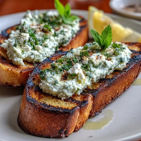 Vibrant fava bean and mint bruschetta served on smoky grilled sourdough with fresh herbs and lemon zest.