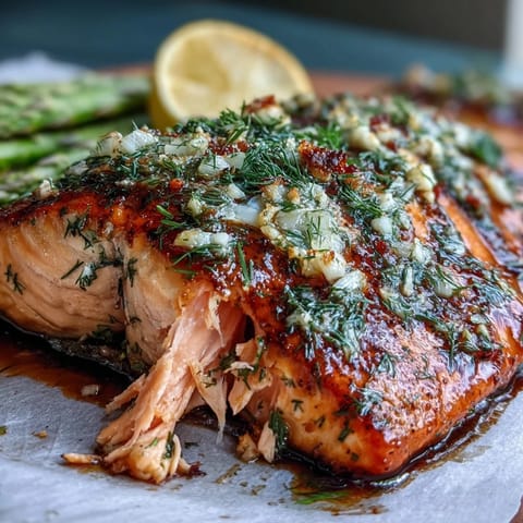 Vibrant one pan lemon herb salmon with tender asparagus, roasted to perfection and garnished with fresh dill and lemon slices.