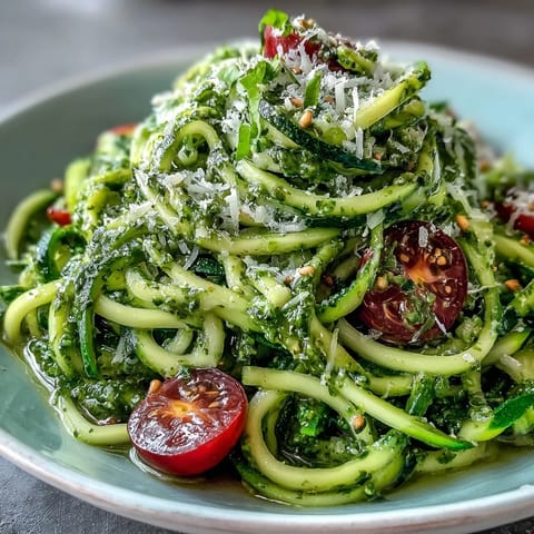 Fresh spiralized zucchini coated in fragrant basil pesto, topped with halved cherry tomatoes for a refreshing gluten-free dinner.  