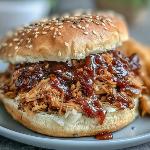 Smoky BBQ Pulled Jackfruit Sandwiches piled high on toasted buns with creamy coleslaw.