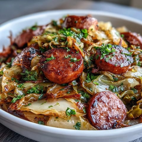 A hearty skillet meal with smoky sausage, tender cabbage, and tangy mustard, perfect for a cozy weeknight dinner.