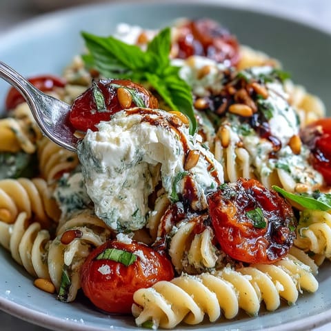 Vibrant Summer Caprese Pasta with creamy burrata and fresh basil, a perfect light meal.