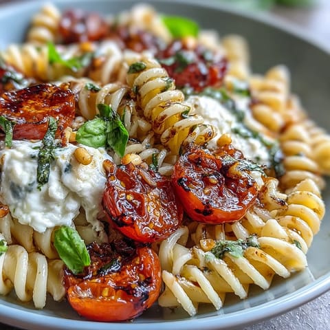 Freshly tossed Caprese Pasta with gooey burrata melting over bright tomatoes and basil.