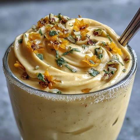 Sweet and frothy mango lassi smoothie, perfectly blended for a refreshing Indian treat.