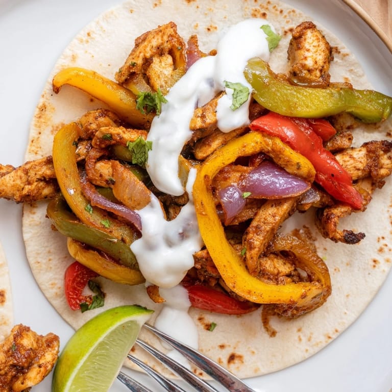 Close-up of Chicken Fajitas with Lime Crema, oozing goodness, garnished with fresh cilantro.
