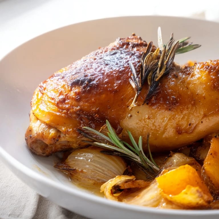 Enjoy the comforting sight of this roast chicken with rosemary and garlic, ideal for a family meal.