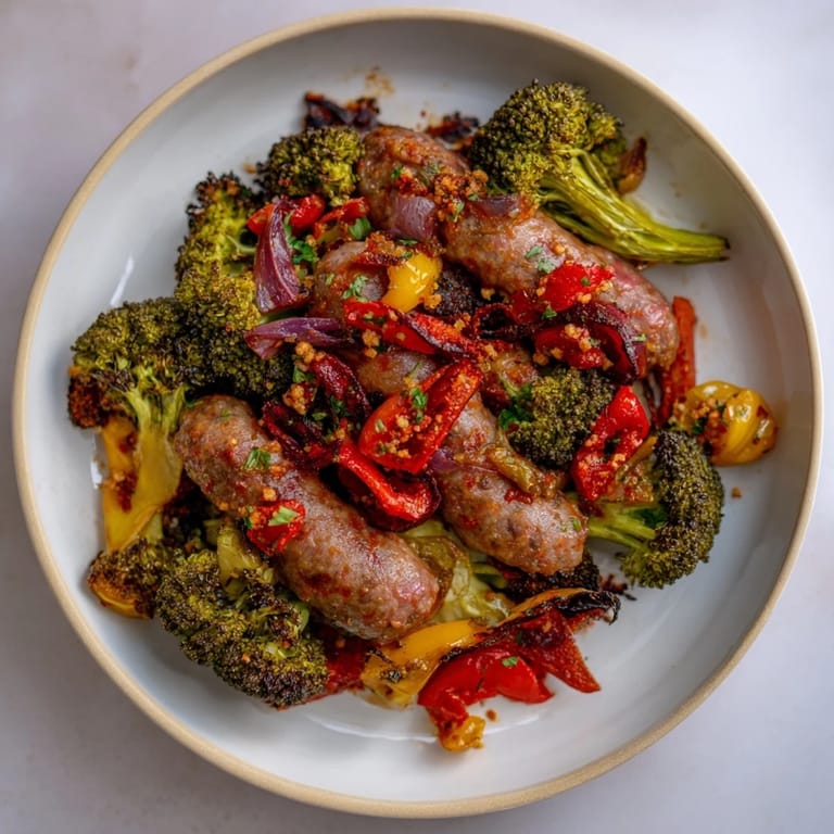 Perfectly cooked Simple Rustic Sheet-Pan Sausage, Broccoli, and Bell Peppers for a hearty, flavorful family dinner.