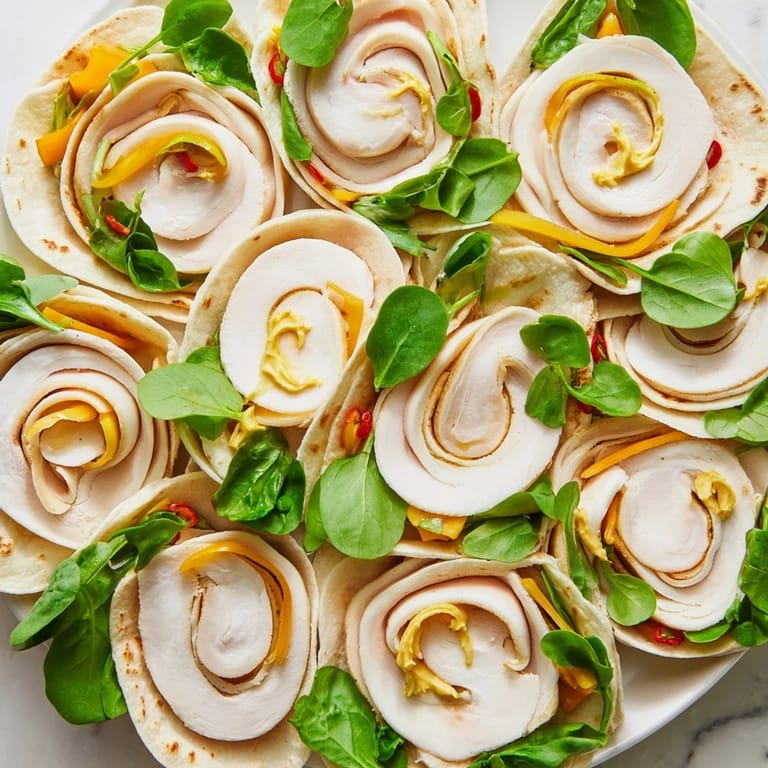 Freshly made Turkey and Provolone Pinwheels, ready to serve with a creamy mustard-mayo spread in the center.