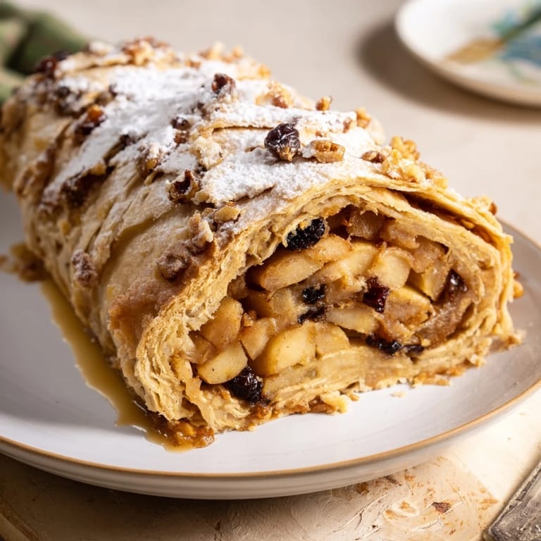 Warm, comforting image of Apple Strudel served with creamy vanilla sauce, perfect for dessert.