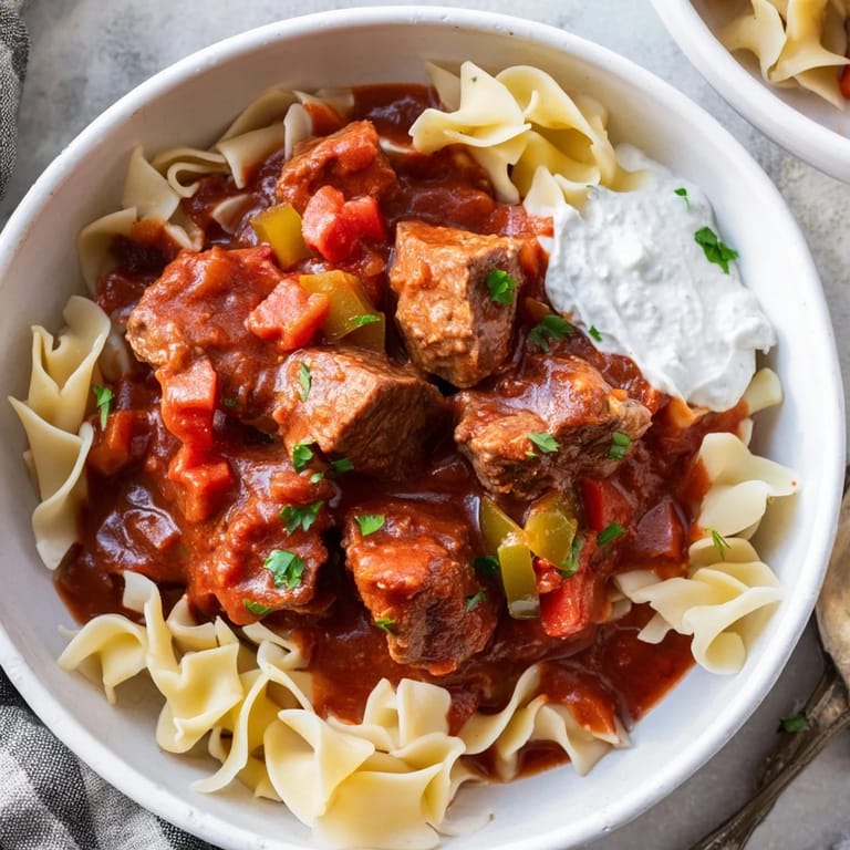 Rustic Hungarian Goulash, with fork-tender beef and a deep red sauce spooned over perfect egg noodles.