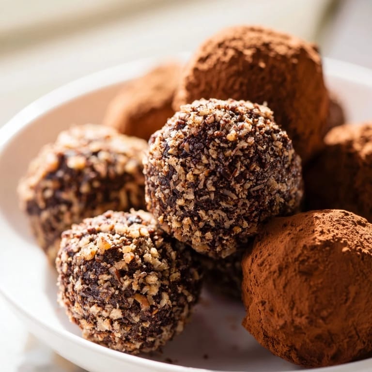 A plate of decadent Dark Chocolate Truffles, smooth and round, perfect with coffee after dinner.