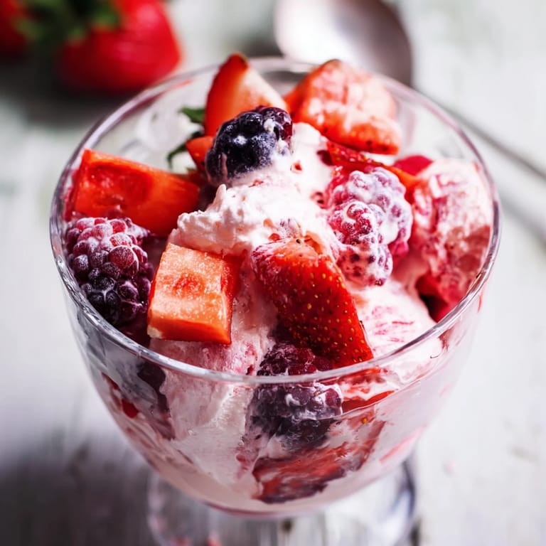 Delicious and easy, this Berry Parfait shows a serving, overflowing with berries and fluffy cream.