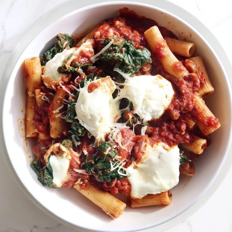 Creamy baked ziti showcases hearty olives and spinach, bubbling from the oven, Italian comfort food.