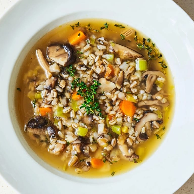 Rustic serving of Wild Mushroom and Barley Soup; a warm and comforting vegetarian delight.