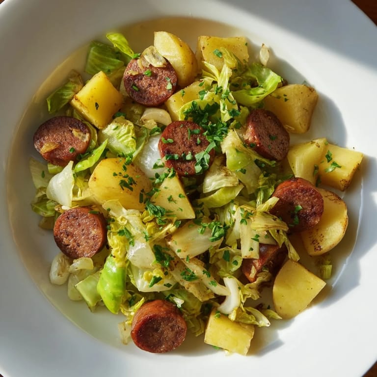Enjoy the comforting flavors of Rustic Kielbasa and Cabbage Hash, a gluten-free skillet meal perfect for any night.