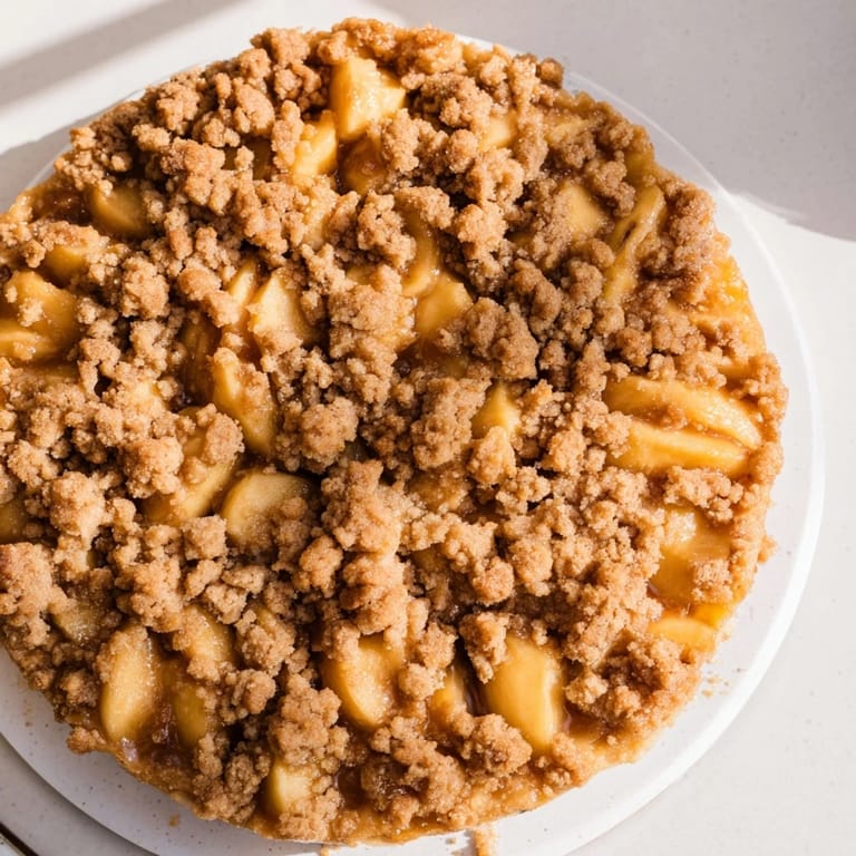 Juicy peach and ginger crumble with a buttery, golden topping, perfect for dessert tonight.