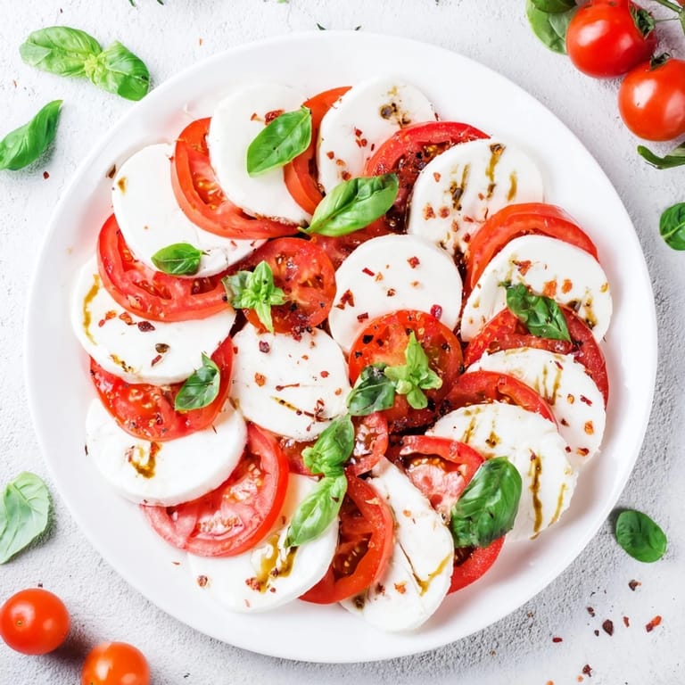 A beautifully arranged Caprese salad, showcasing fresh basil vinaigrette drizzled over tomatoes and mozzarella.