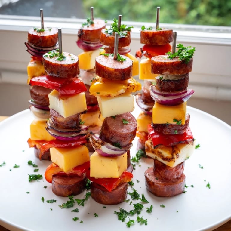 Smoky sausage and cheese savory skewers, sizzling on the grill, a delicious American appetizer.