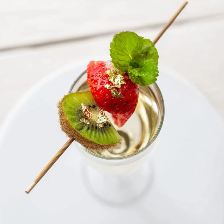 Beautiful champagne is waiting, dressed up and party-ready, embellished with fruit and elegant garnishes.