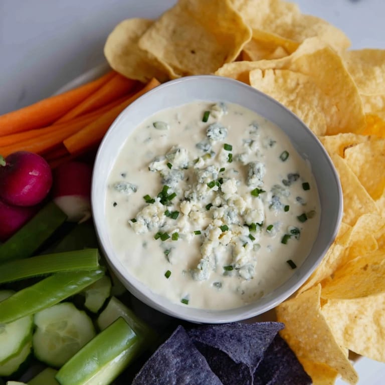 This Frozen Pond Blue Dip Platter presents a vibrant array of chips and vegetables surrounding the cool blue dip.