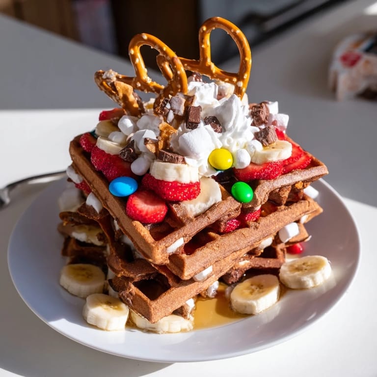 A close-up of a gingerbread house waffle bar: waffles, toppings, and festive decorations for a delicious treat.