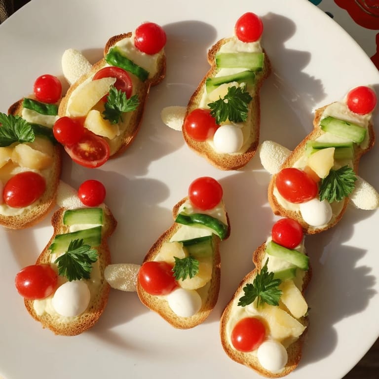 Festive elf shoe shaped toast bites topped with cream cheese and fresh herbs, a delightful brunch appetizer.