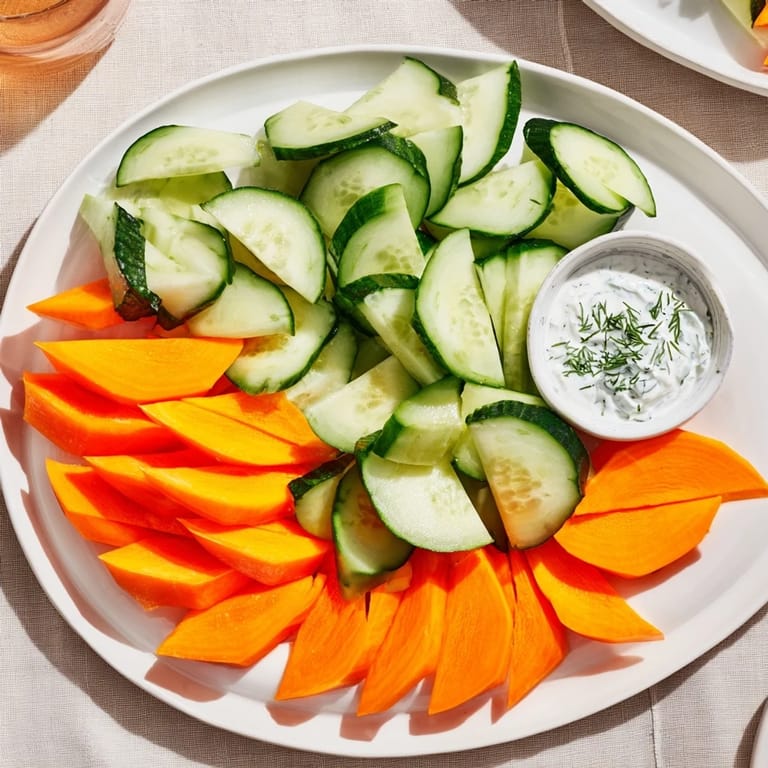 Enjoy a healthy and delicious Veggie Platter: a colorful display of fresh vegetables and cool yogurt.