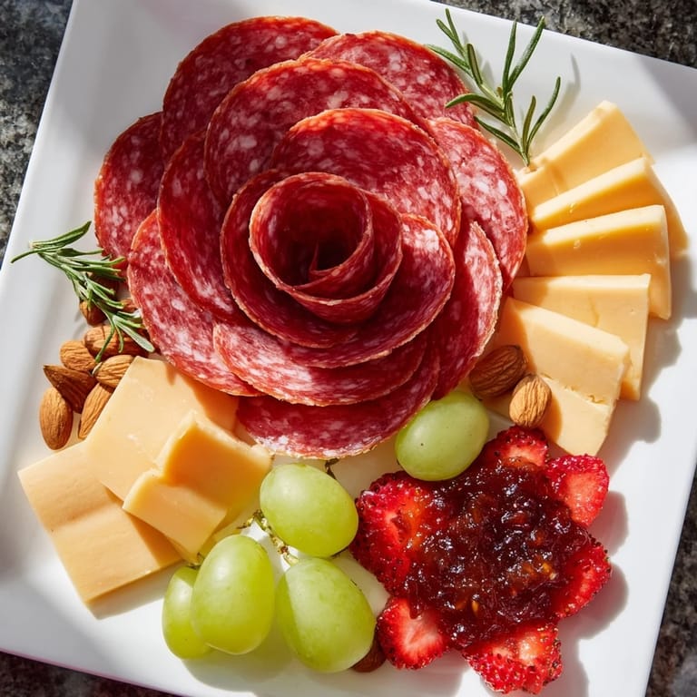 A delicious single-serving, easy charcuterie board showcasing a beautiful salami rose and assorted treats.