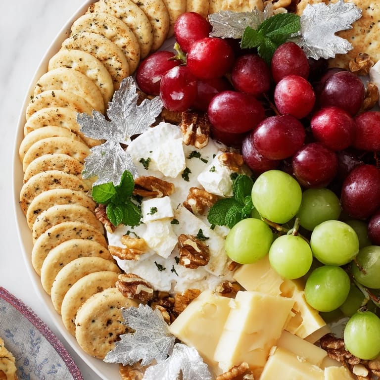 Delightful holiday appetizer: A Sparkling Grape and Silver Cracker Platter featuring fresh grapes and flavorful cheeses.