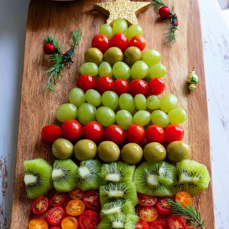 Freshly arranged Christmas Tree Triangle Board appetizer displays a colorful assortment of fruits, olives, tomatoes, and cheese, ready to serve guests.