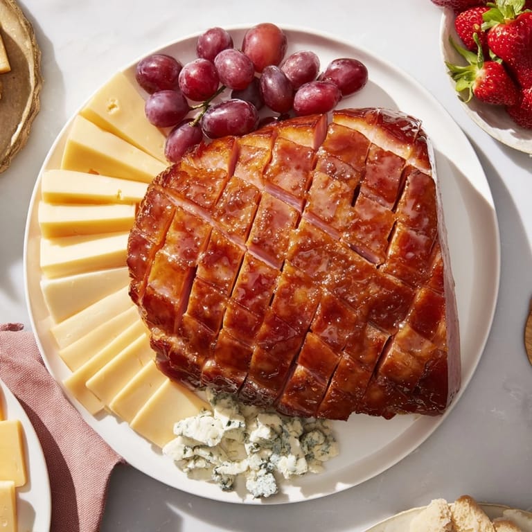 Appealing, festive glazed ham arranged on a charcuterie board with vibrant fruits, olives, and artisan bread slices.