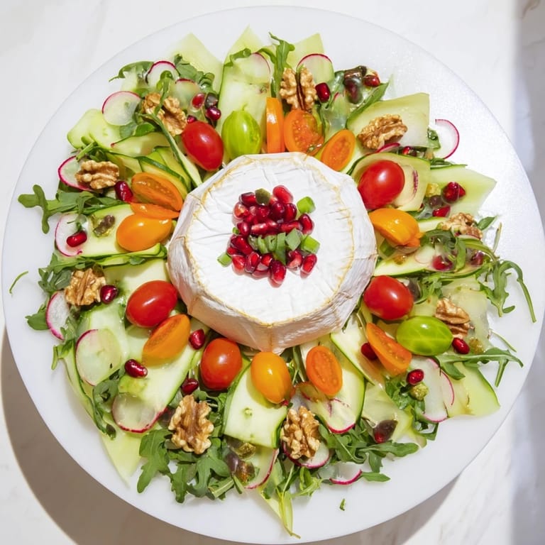 Vivid image of the Zenith Point salad: colorful vegetables arranged around a soft cheese wheel.